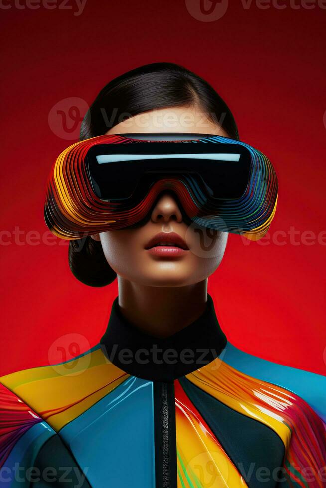 ilustración de un Moda retrato vistiendo un virtual realidad vr auriculares. ai generado. foto