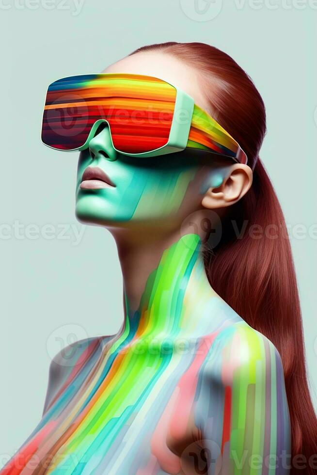 Illustration of a fashion portrait wearing a virtual reality VR headset.,, AI Generated. photo