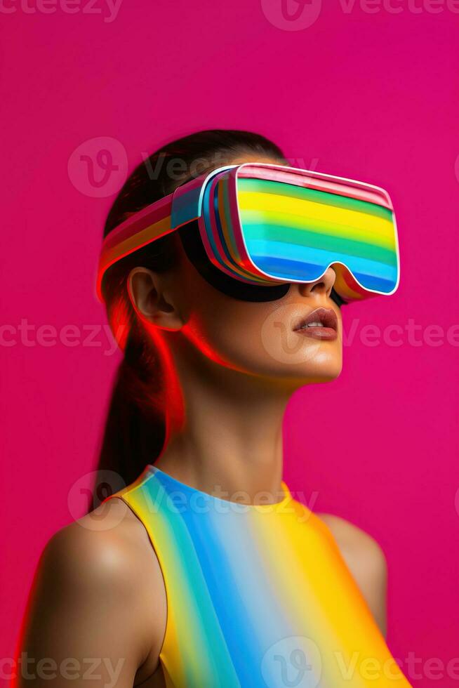 Illustration of a fashion portrait wearing a virtual reality VR headset.,, AI Generated. photo