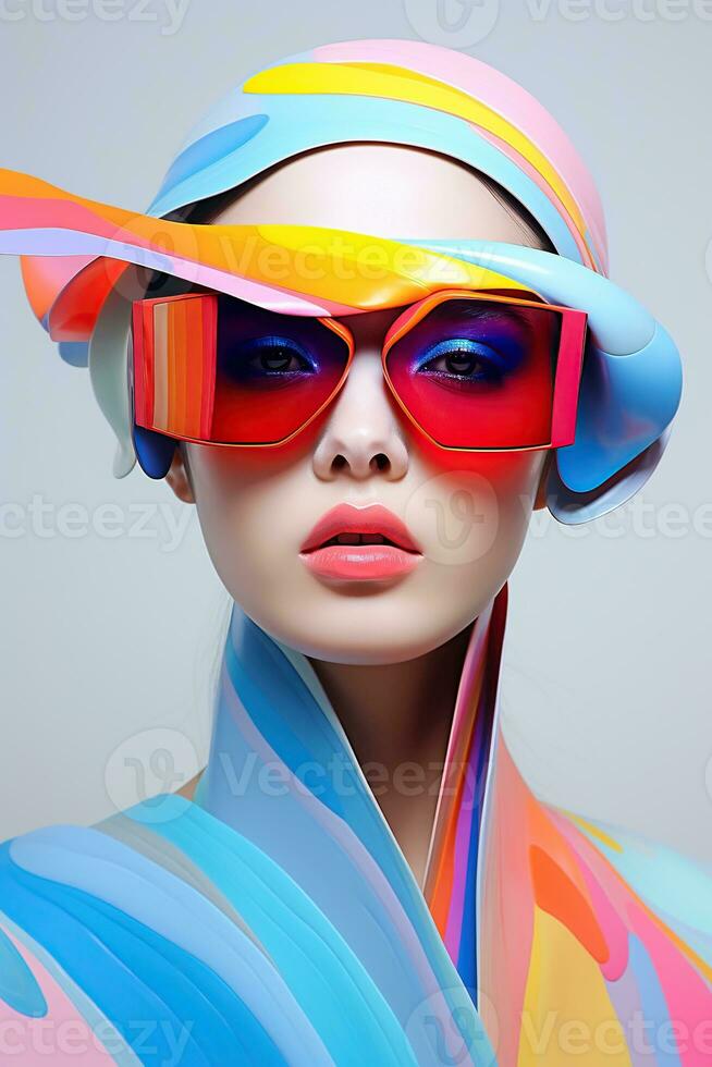 Illustration of a fashion portrait wearing a virtual reality VR headset.,, AI Generated. photo