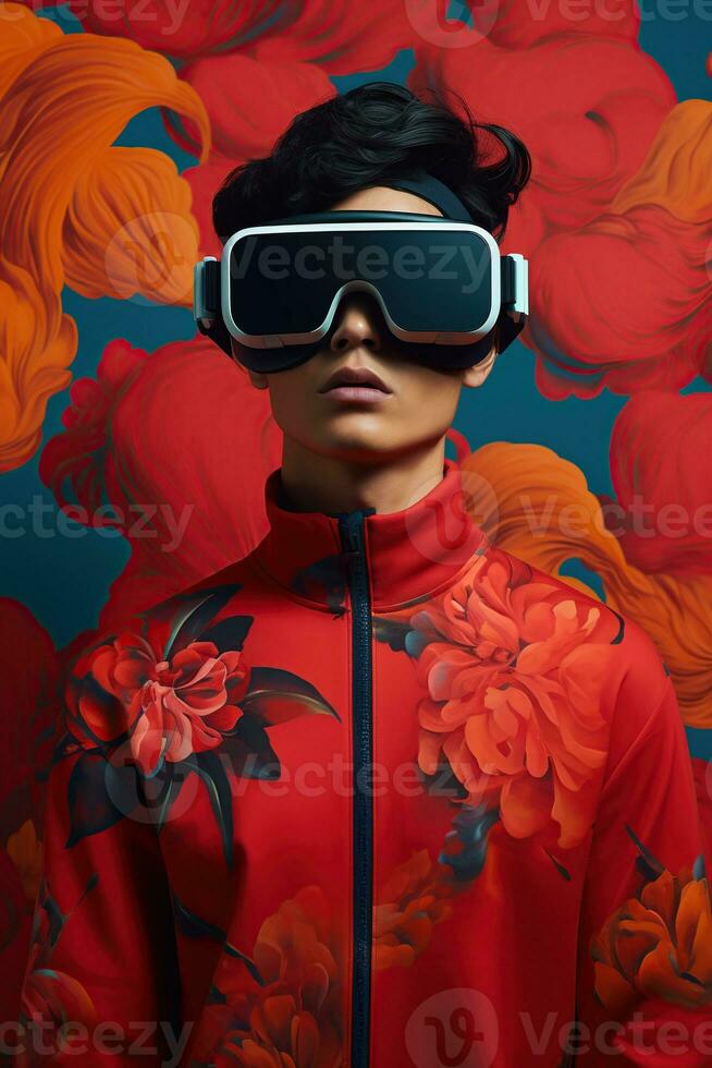 Illustration of a fashion portrait wearing a virtual reality VR headset. AI Generated. photo