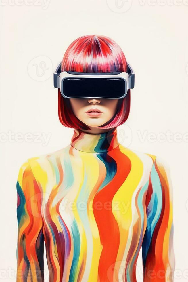 Illustration of a fashion portrait wearing a virtual reality VR headset.,, AI Generated. photo