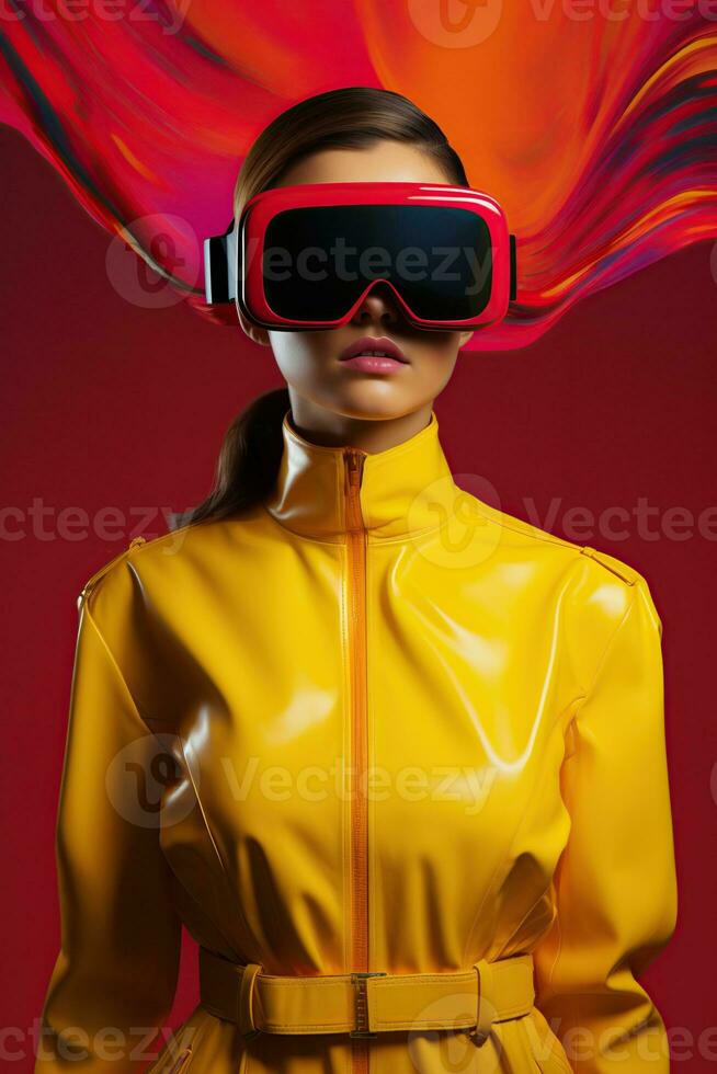 Illustration of a fashion portrait wearing a virtual reality VR headset. AI Generated. photo