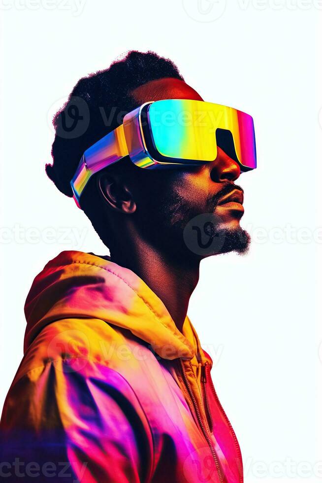 Illustration of a fashion portrait wearing a virtual reality VR headset. AI Generated. photo