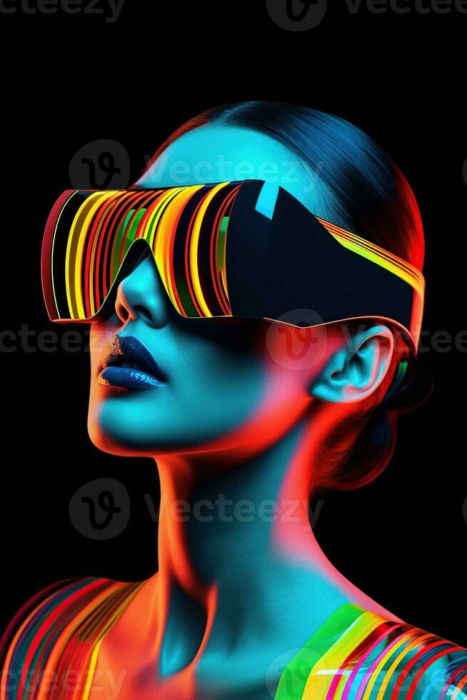 ilustración de un Moda retrato vistiendo un virtual realidad vr auriculares. ai generado. foto