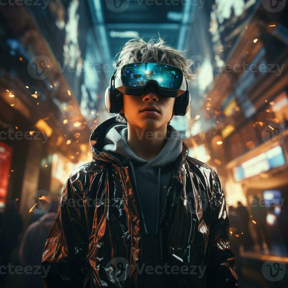 ilustración de un persona vistiendo un virtual realidad vr auriculares, ai generado. foto