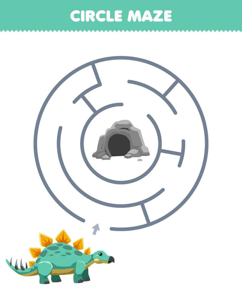 Education game for children circle maze draw line help stegosaurus move to the egg printable prehistoric dinosaur worksheet vector