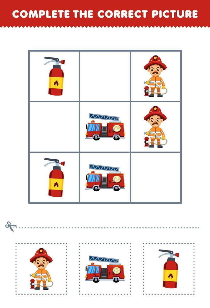 Education game for children complete the correct picture of a cute cartoon firefighter firetruck and extinguisher printable profession worksheet vector