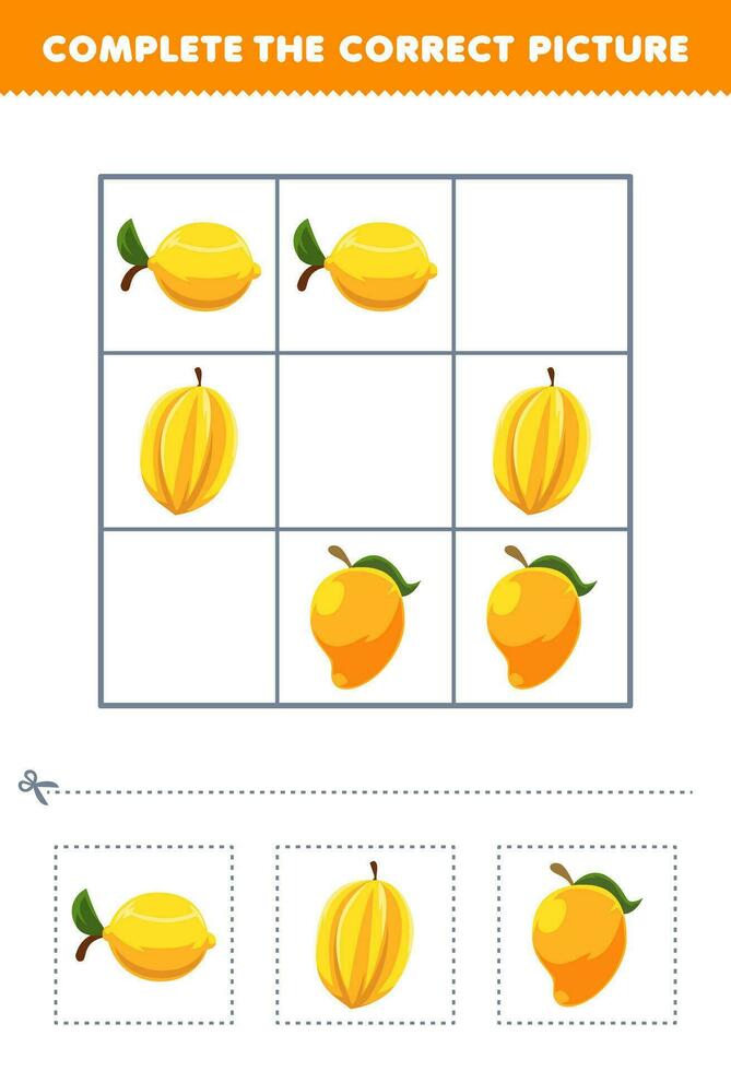 Education game for children complete the correct picture of a cute cartoon lemon star fruit and mango printable fruit worksheet vector