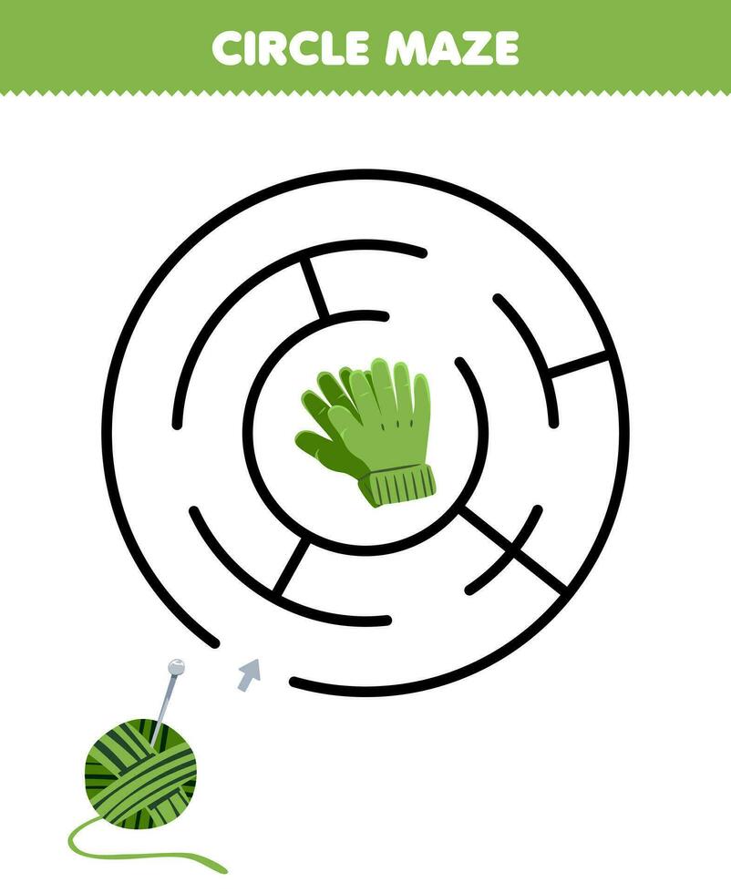 Education game for children circle maze draw line help yarn move to the gloves printable wearable clothes worksheet vector