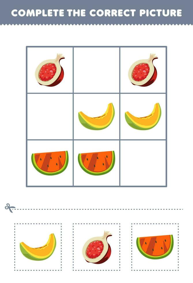 Education game for children complete the correct picture of a cute cartoon melon pomegranate and watermelon printable fruit worksheet vector