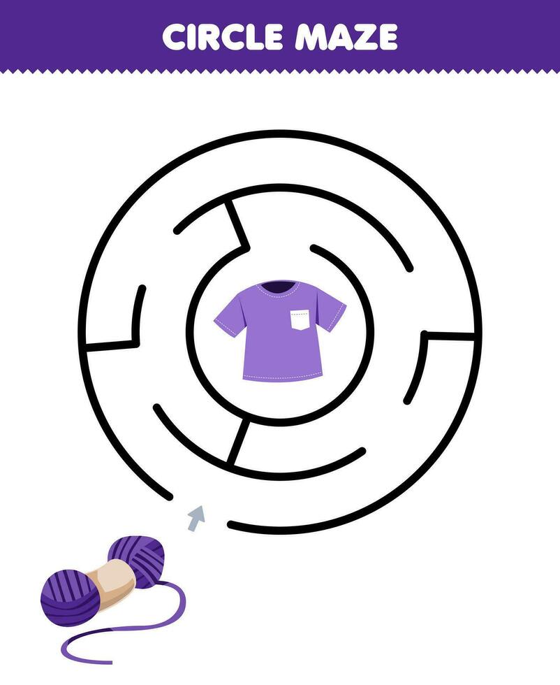 Education game for children circle maze draw line help yarn move to the t shirt printable wearable clothes worksheet vector