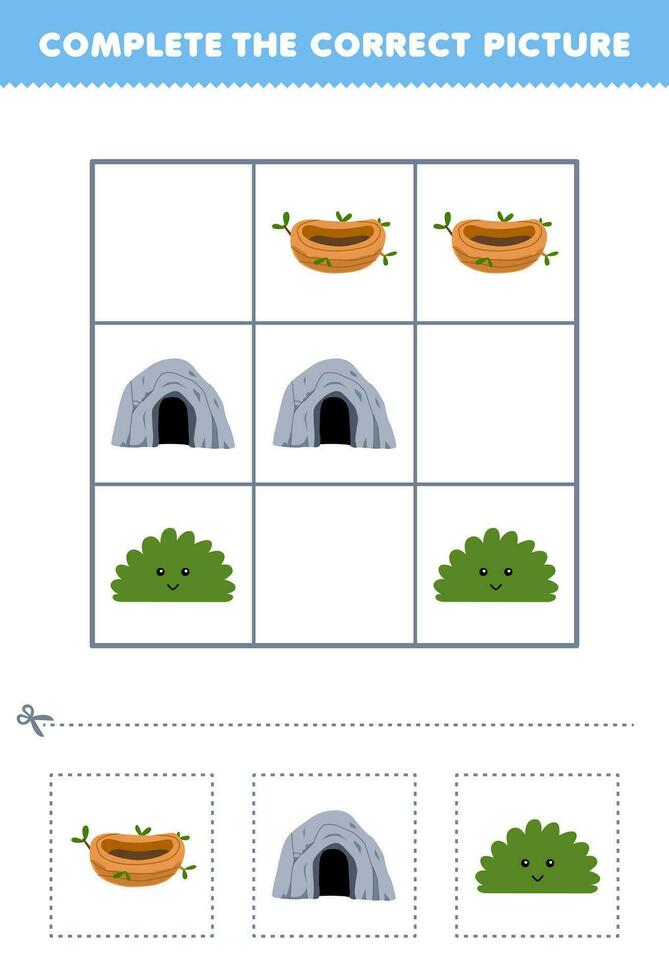 educación juego para niños completar el correcto imagen de un linda dibujos animados nido guarida y arbusto imprimible naturaleza hoja de cálculo vector