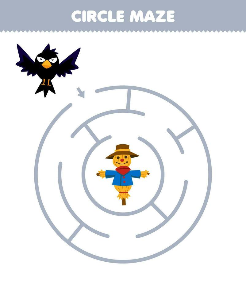 Education game for children circle maze draw line help crow move to the scarecrow printable farm worksheet vector