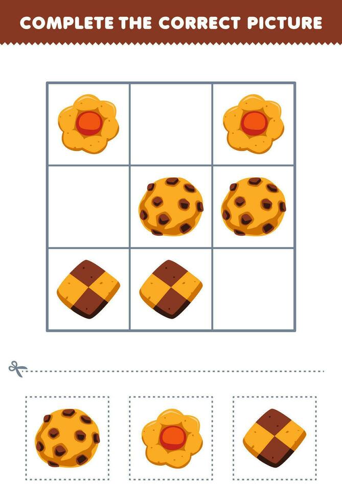 Education game for children complete the correct picture of a cute cartoon biscuit printable food worksheet vector