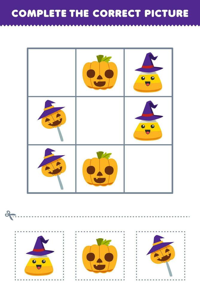 Education game for children complete the correct picture of a cute cartoon corn candy and pumpkin printable halloween worksheet vector