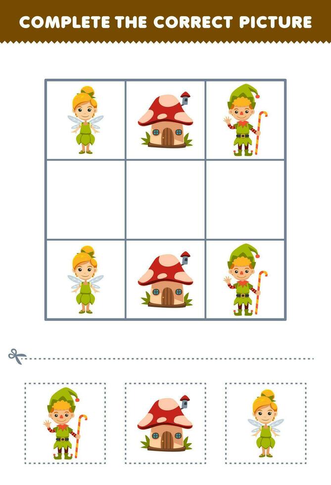 Education game for children complete the correct picture of a cute cartoon fairy dwarf and mushroom house printable halloween worksheet vector