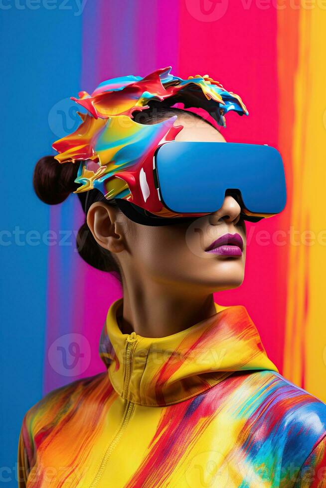 Illustration of a fashion portrait wearing a virtual reality VR headset. AI Generated. photo