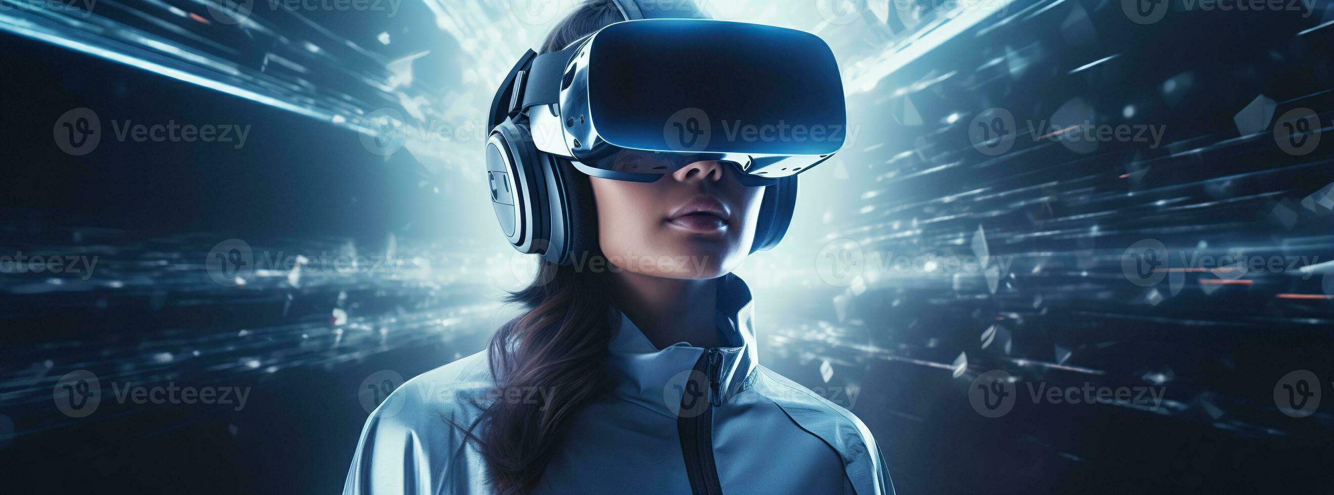 Illustration of a person wearing a virtual reality VR headset, AI Generated. photo