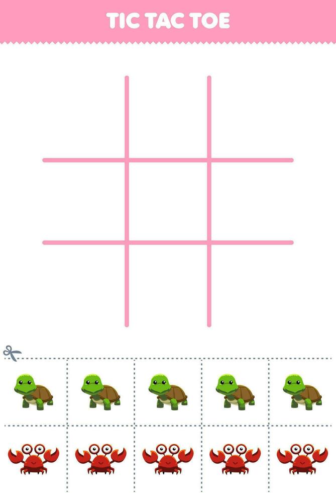 Education game for children tic tac toe set with cute cartoon turtle and crab picture printable animal worksheet vector