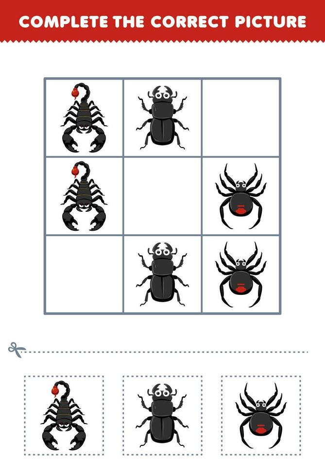 Education game for children complete the correct picture of a cute cartoon scorpion beetle and spider printable bug worksheet vector