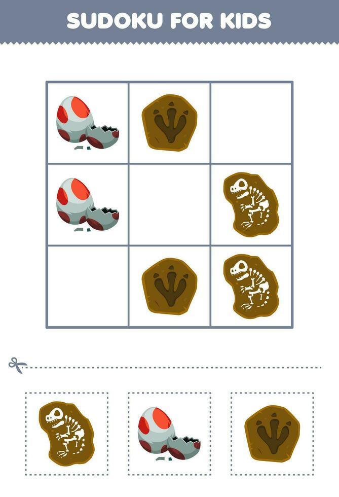 Education game for children easy sudoku for kids with cute cartoon fossil dinosaur egg footprint printable prehistoric dinosaur worksheet vector