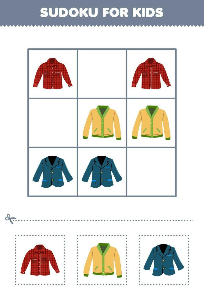 Education game for children easy sudoku for kids with cute cartoon flannel blazer cardigan printable clothes worksheet vector