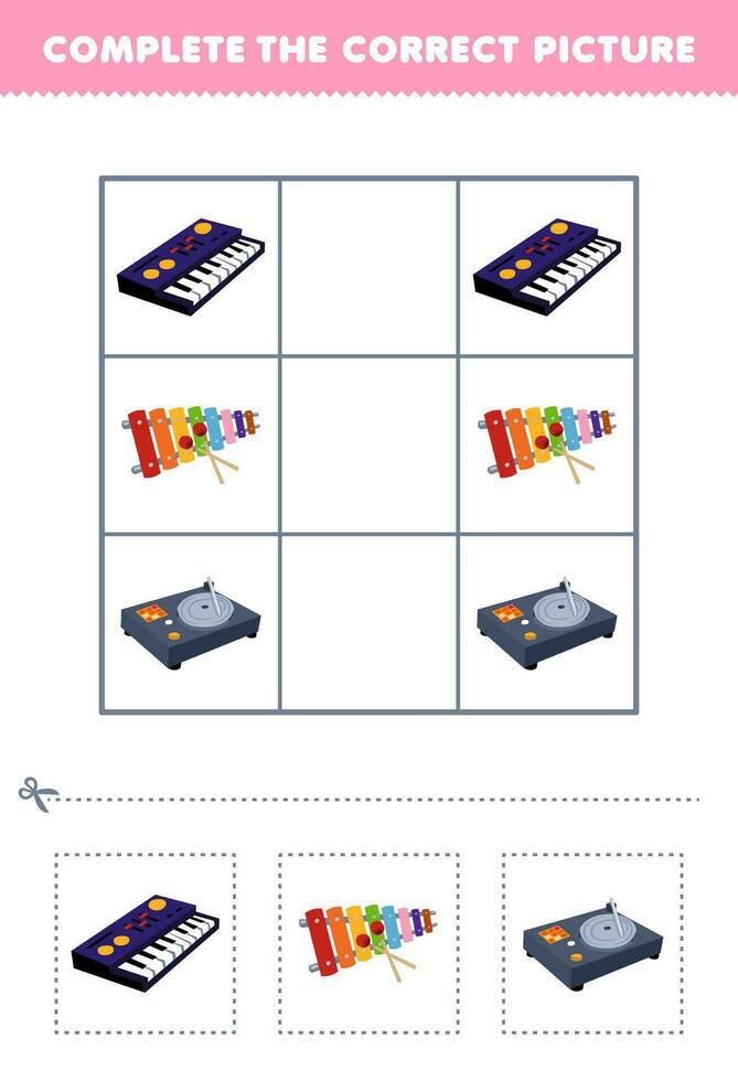 Education game for children complete the correct picture of a cute cartoon synthesizer xylophone and turntable printable music instrument worksheet vector