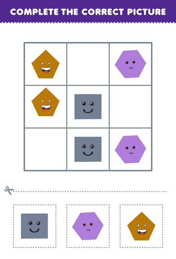 Education game for children complete the correct picture of a cute cartoon square hexagon and pentagon printable shape worksheet vector