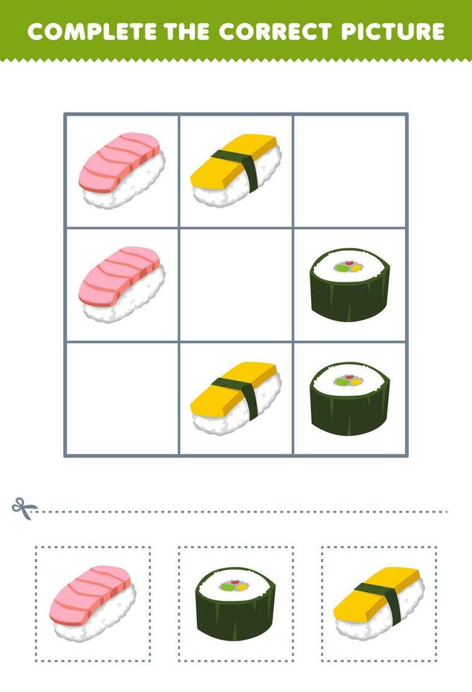 educación juego para niños completar el correcto imagen de un linda dibujos animados Sushi imprimible japonés comida hoja de cálculo vector