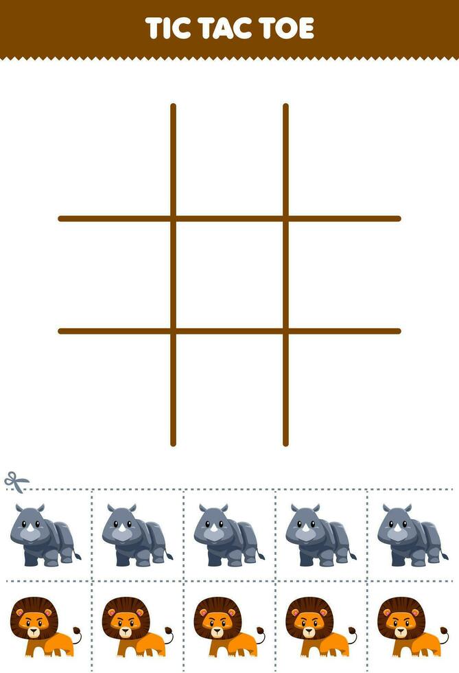 Education game for children tic tac toe set with cute cartoon rhino and lion picture printable animal worksheet vector