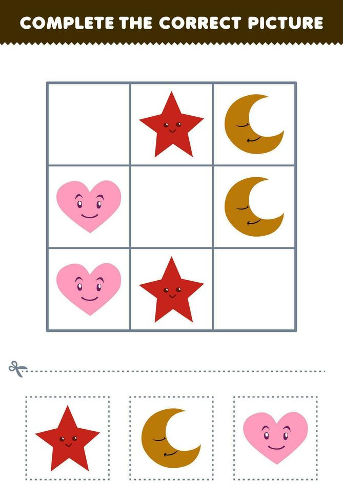 educación juego para niños completar el correcto imagen de un linda dibujos animados estrella creciente y corazón imprimible forma hoja de cálculo vector