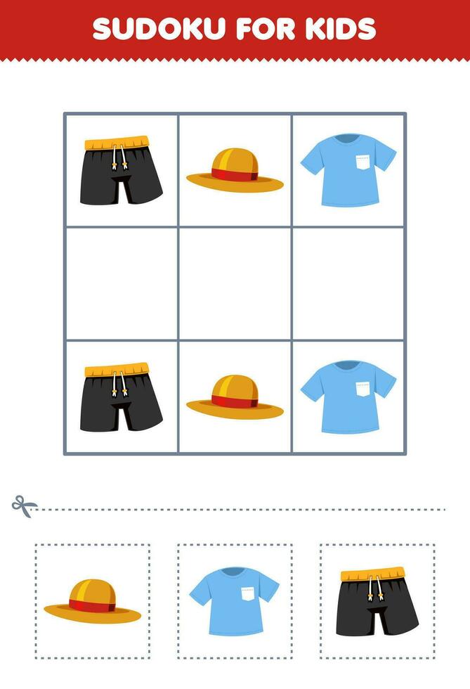 Education game for children easy sudoku for kids with cute cartoon hat shirt pant printable clothes worksheet vector