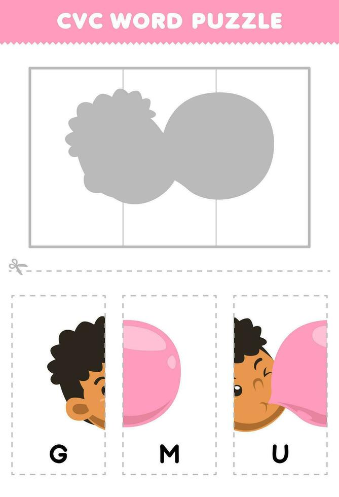 Education game for children to learn cvc word by complete the puzzle of cute cartoon child chewing gum picture printable worksheet vector