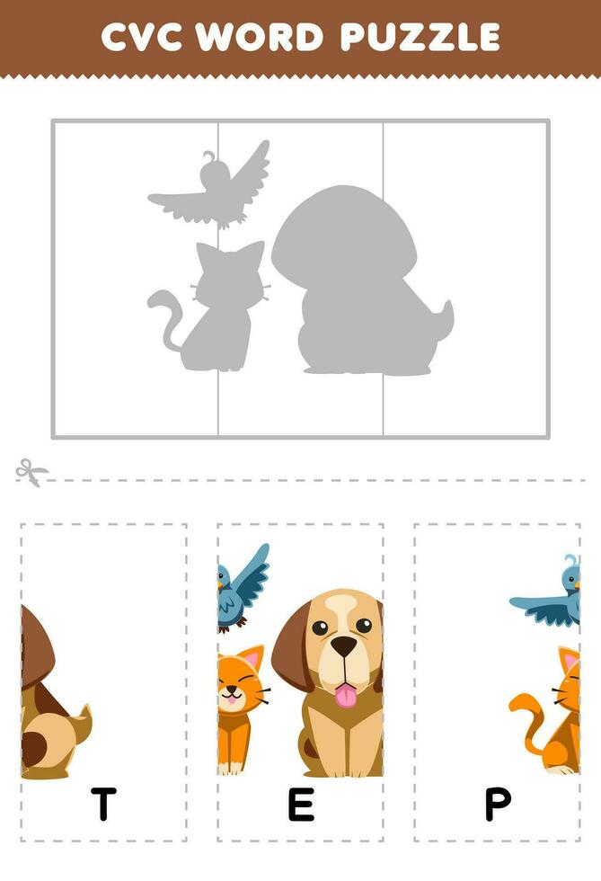 Education game for children to learn cvc word by complete the puzzle of cute cartoon pet picture printable worksheet vector
