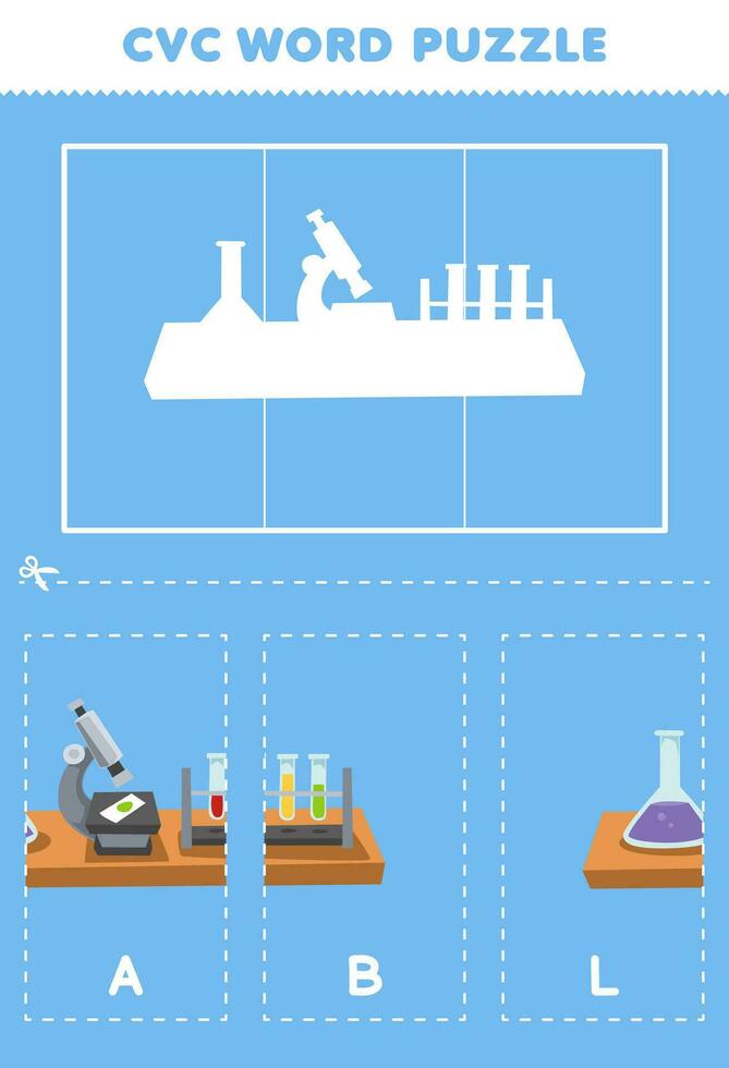 educación juego para niños a aprender CVC palabra por completar el rompecabezas de linda dibujos animados laboratorio equipo imagen imprimible hoja de cálculo vector