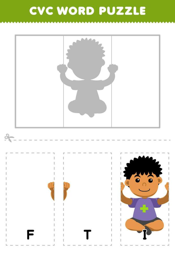 Education game for children to learn cvc word by complete the puzzle of cute cartoon fit healthy boy picture printable worksheet vector