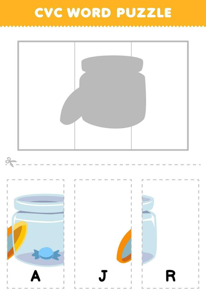 Education game for children to learn cvc word by complete the puzzle of cute cartoon jar picture printable worksheet vector