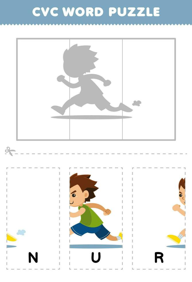 educación juego para niños a aprender CVC palabra por completar el rompecabezas de linda dibujos animados corriendo chico imagen imprimible hoja de cálculo vector