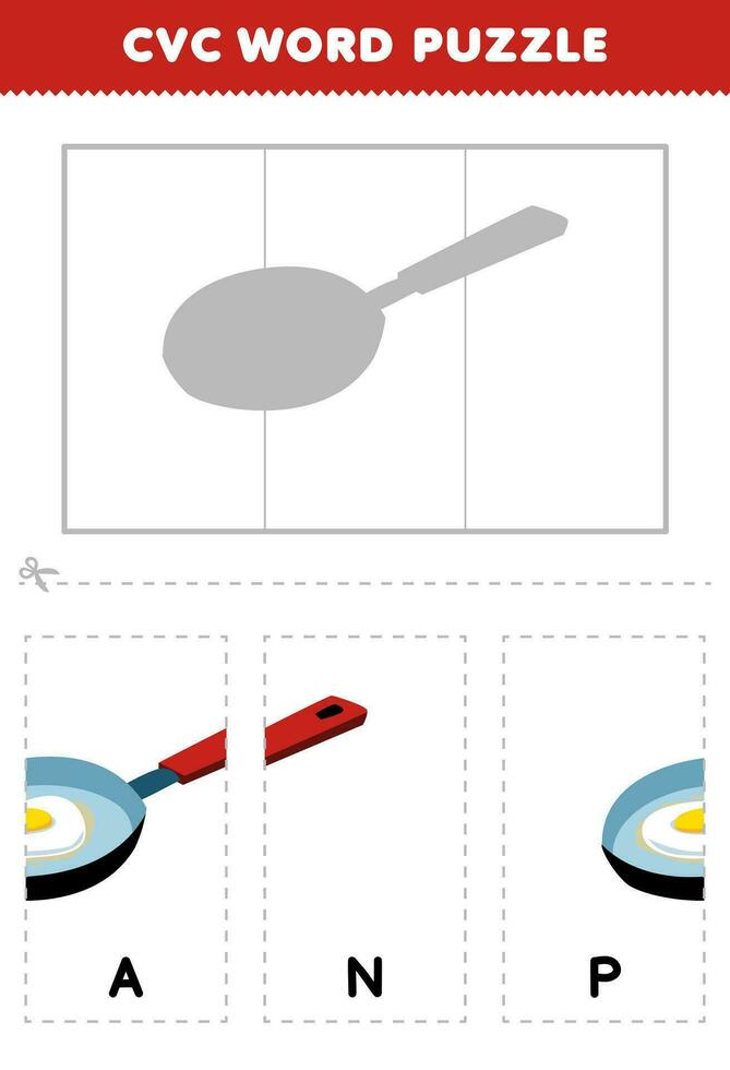 Education game for children to learn cvc word by complete the puzzle of cute cartoon frying pan picture printable worksheet vector