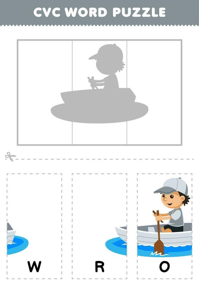 Education game for children to learn cvc word by complete the puzzle of cute cartoon man rowing a boat picture printable worksheet vector