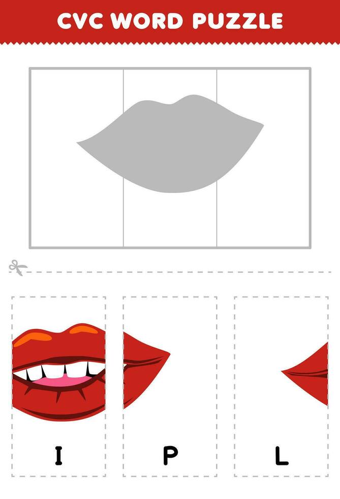 Education game for children to learn cvc word by complete the puzzle of cute cartoon lip picture printable worksheet vector