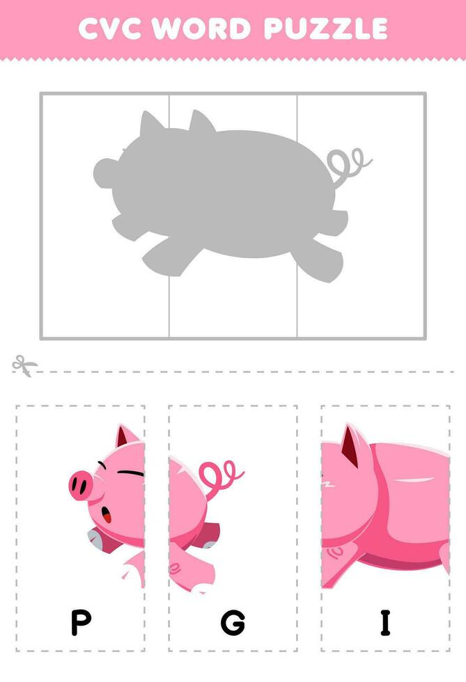 Education game for children to learn cvc word by complete the puzzle of cute cartoon pig picture printable worksheet vector