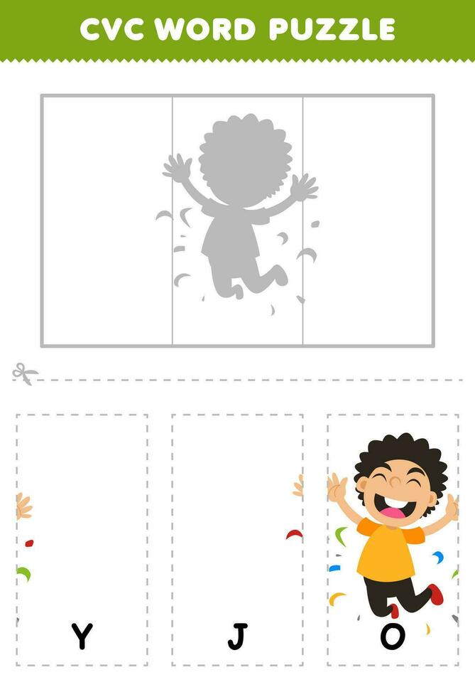 Education game for children to learn cvc word by complete the puzzle of cute cartoon joy boy picture printable worksheet vector