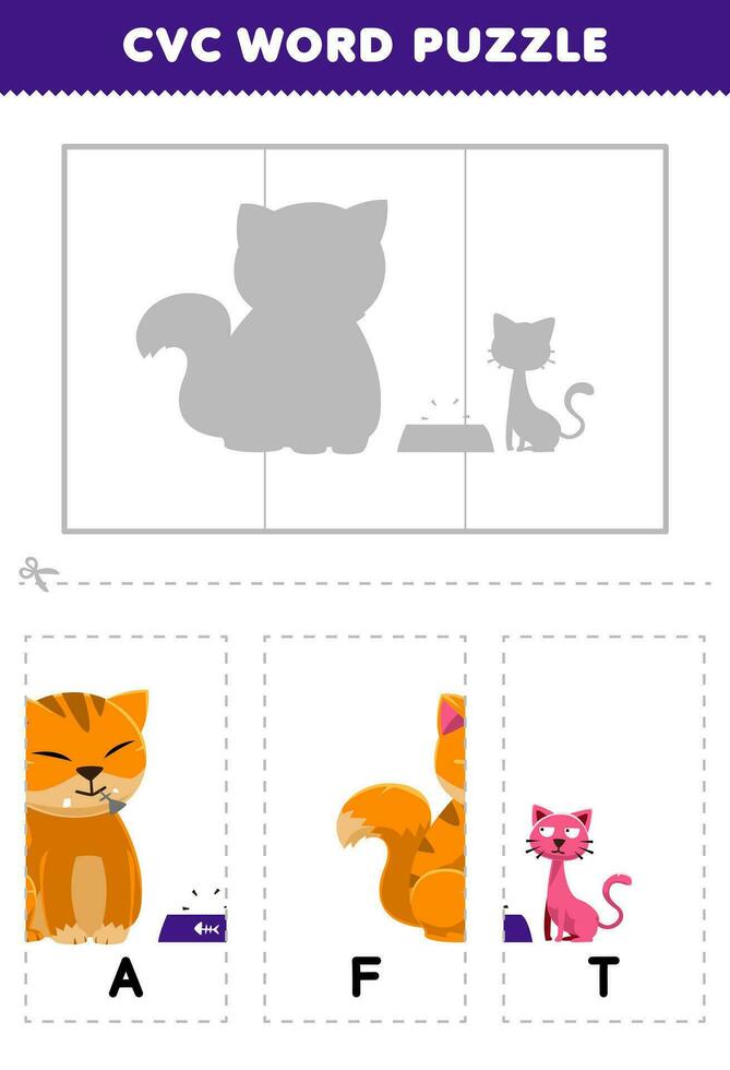 Education game for children to learn cvc word by complete the puzzle of cute cartoon fat cat picture printable worksheet vector