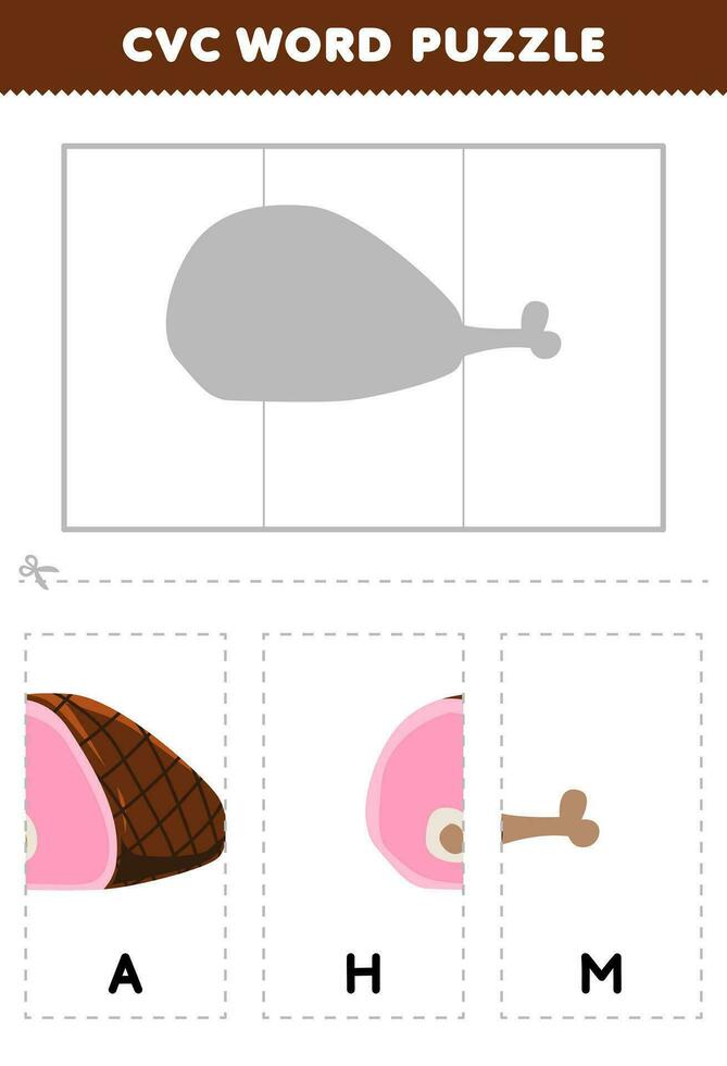 Education game for children to learn cvc word by complete the puzzle of cute cartoon ham meat picture printable worksheet vector