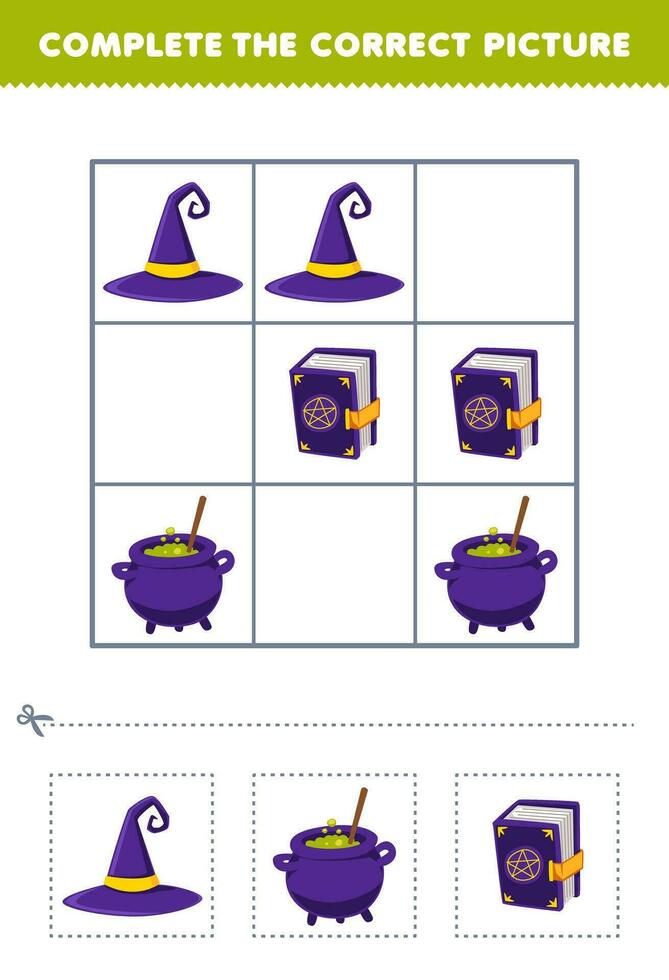 educación juego para niños completar el correcto imagen de un linda dibujos animados bruja sombrero caldera y magia libro imprimible Víspera de Todos los Santos hoja de cálculo vector