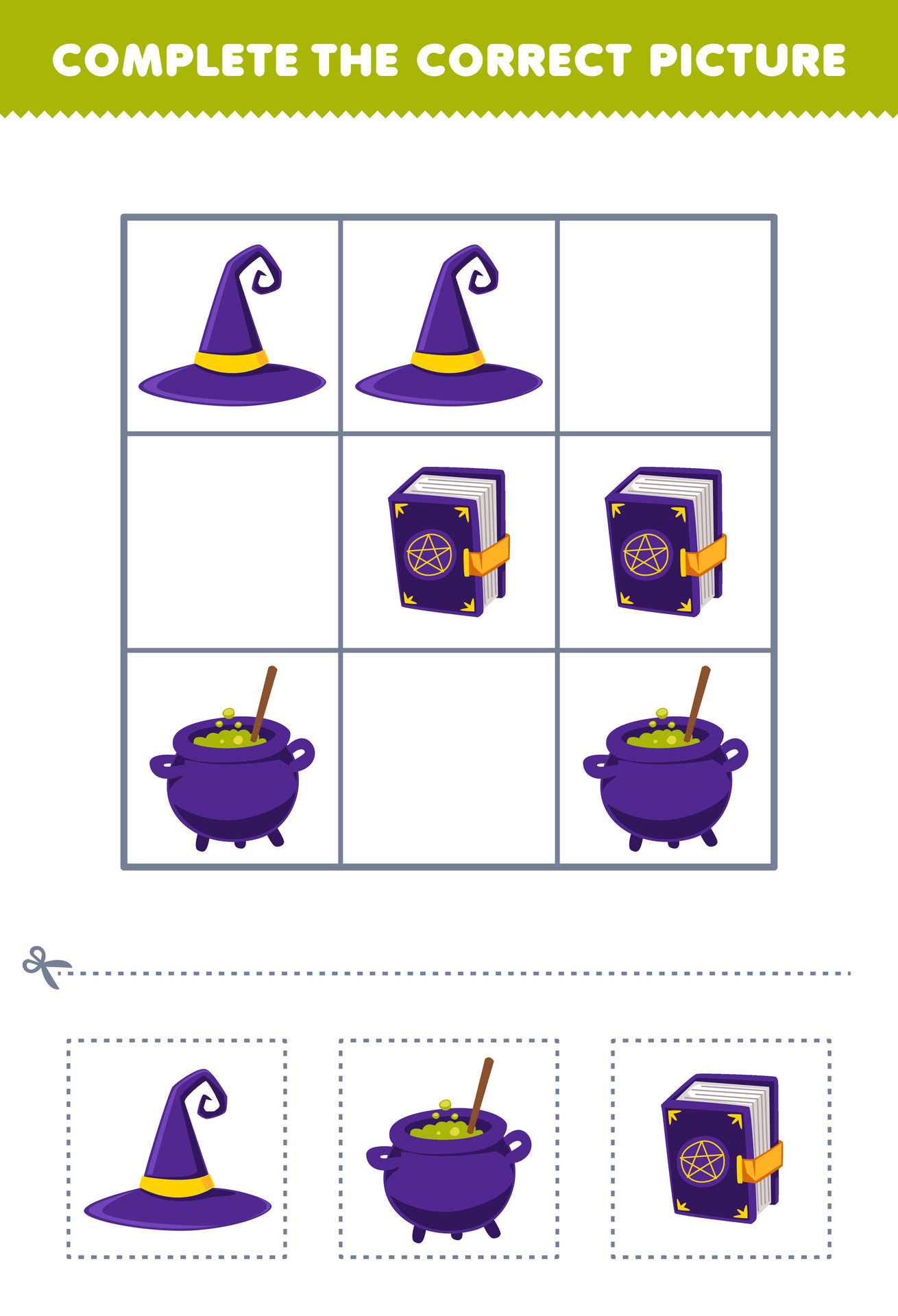 Education game for children to choose and complete the correct picture of a  cute cartoon magic book witch or cauldron printable halloween worksheet  24611639 Vector Art at Vecteezy