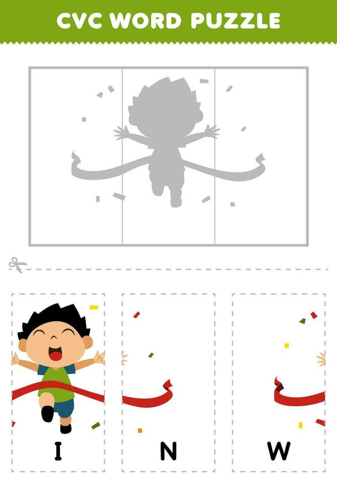 Education game for children to learn cvc word by complete the puzzle of cute cartoon winning boy picture printable worksheet vector