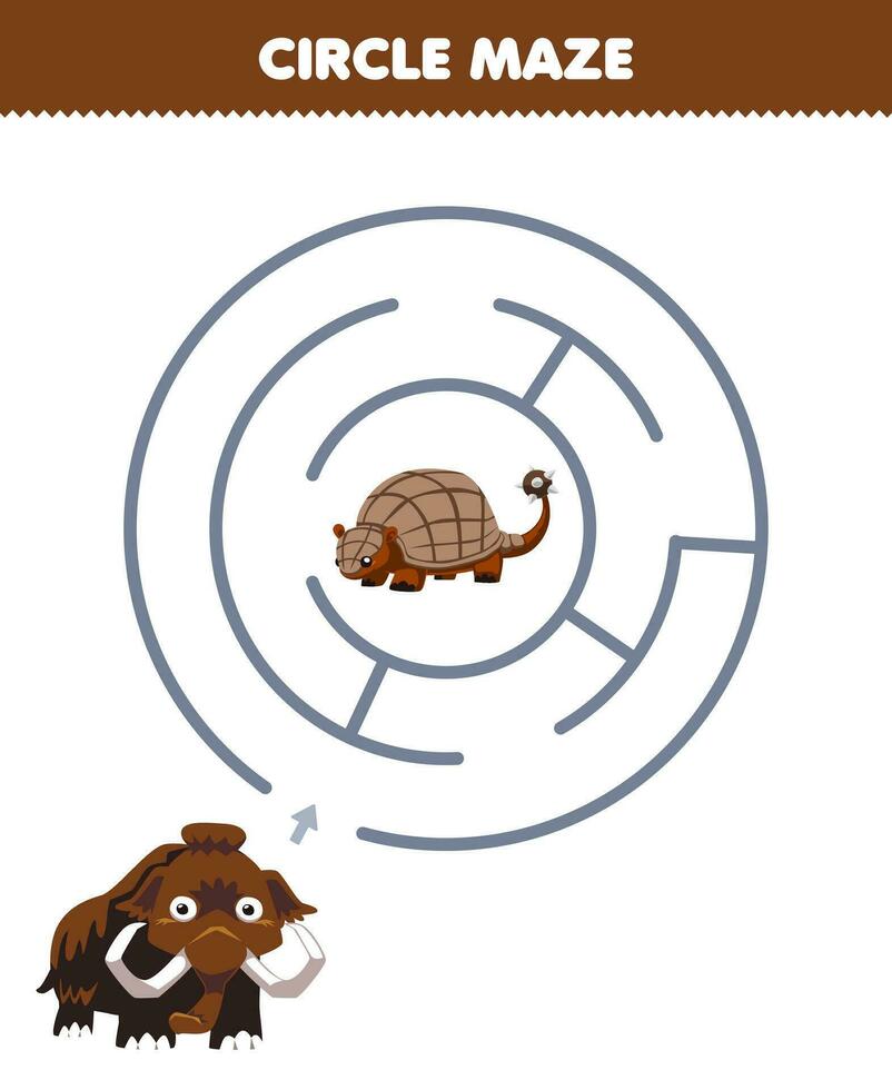 Education game for children circle maze draw line help mammoth move to the doedicurus printable prehistoric dinosaur worksheet vector